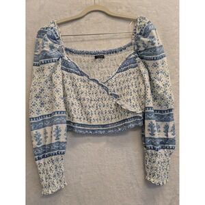 Moroccan Inspired Crop Top Long‎ Sleeve Smocked Blue White Womens Size Large